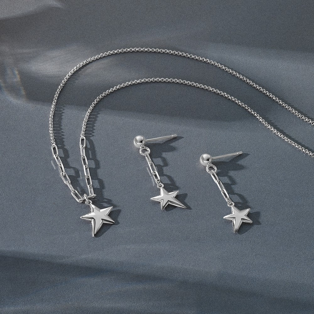 SS RH-plated Polished Star Pendant w/1.25in ext. Necklace