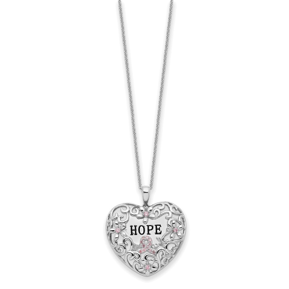 Sentimental Expressions Sterling Silver Rhodium-plated Pink CZ Breast Cancer Heart 18in Necklace 18 Inches