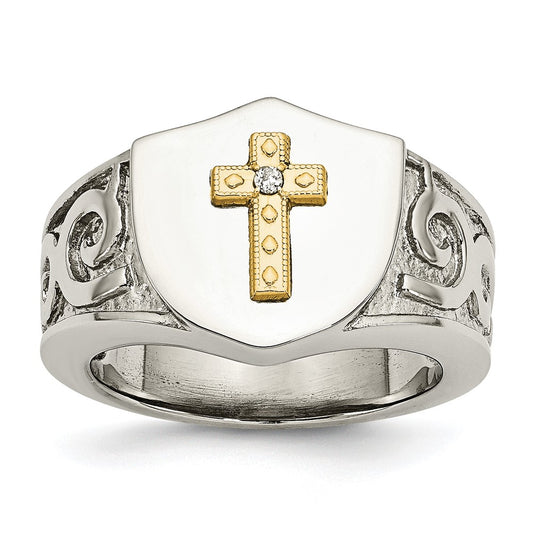 Stainless Steel Polished w/10K Gold Cross and .02ct Diamond Ring Size - 11