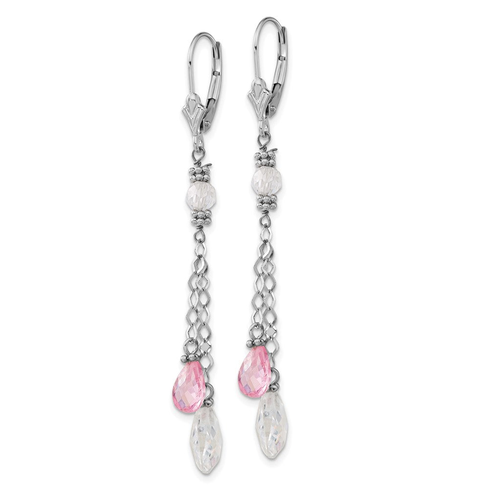14k White Gold Polished Pink & Clear Teardrop Leverback Dangle Earrings