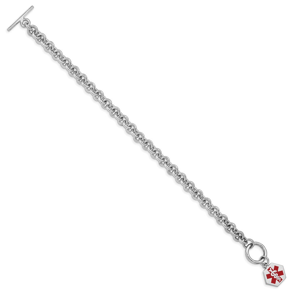 Sterling Silver Rhodium Engraveable Enamel Hexagon Medical ID Bracelet 7.75 inches