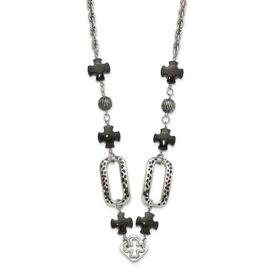 Stainless Steel Polished/Antiqued Black Agate & Resin w/ 2in ext. Necklace
