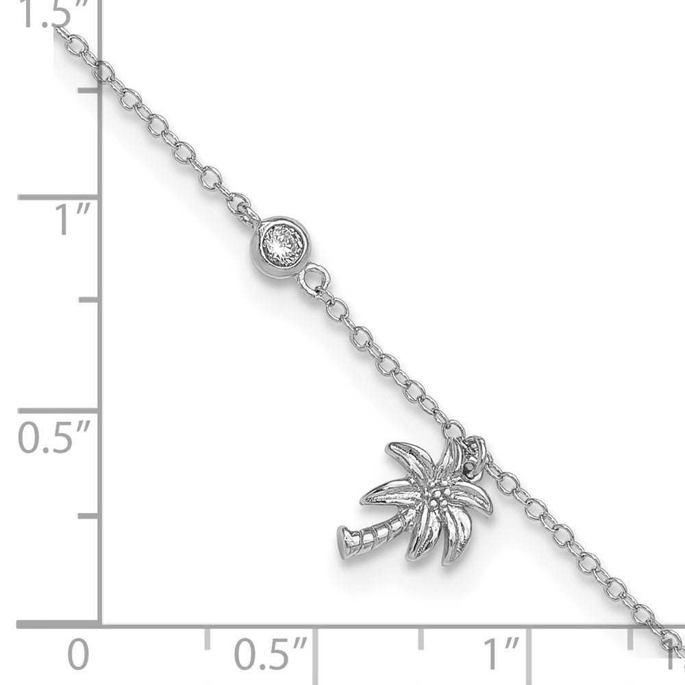 Sterling Silver Rhodium-plated CZ and Palm Tree 9in Plus 1in Ext. Anklet 9 inches