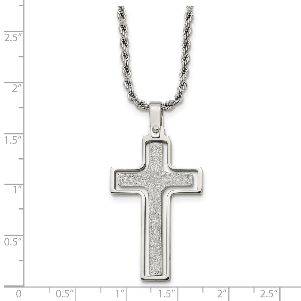 Stainless Steel Polished & Laser Cut Cross 22in Necklace
