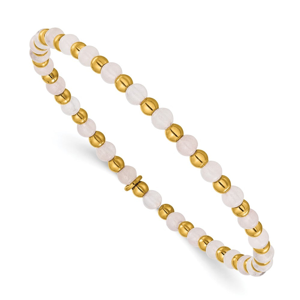 Chisel Stainless Steel Polished Yellow IP-plated 3mm Pink Quartz Beaded 6.25 inch Stretch Bracelet 6.25 inches