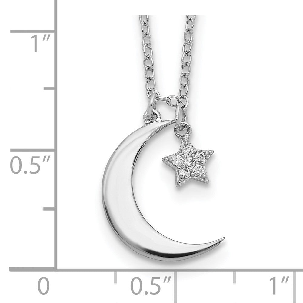 Sterling Silver Rhodium-Plated CZ Star and Moon w/ 2in Ext. Necklace 16 Inches