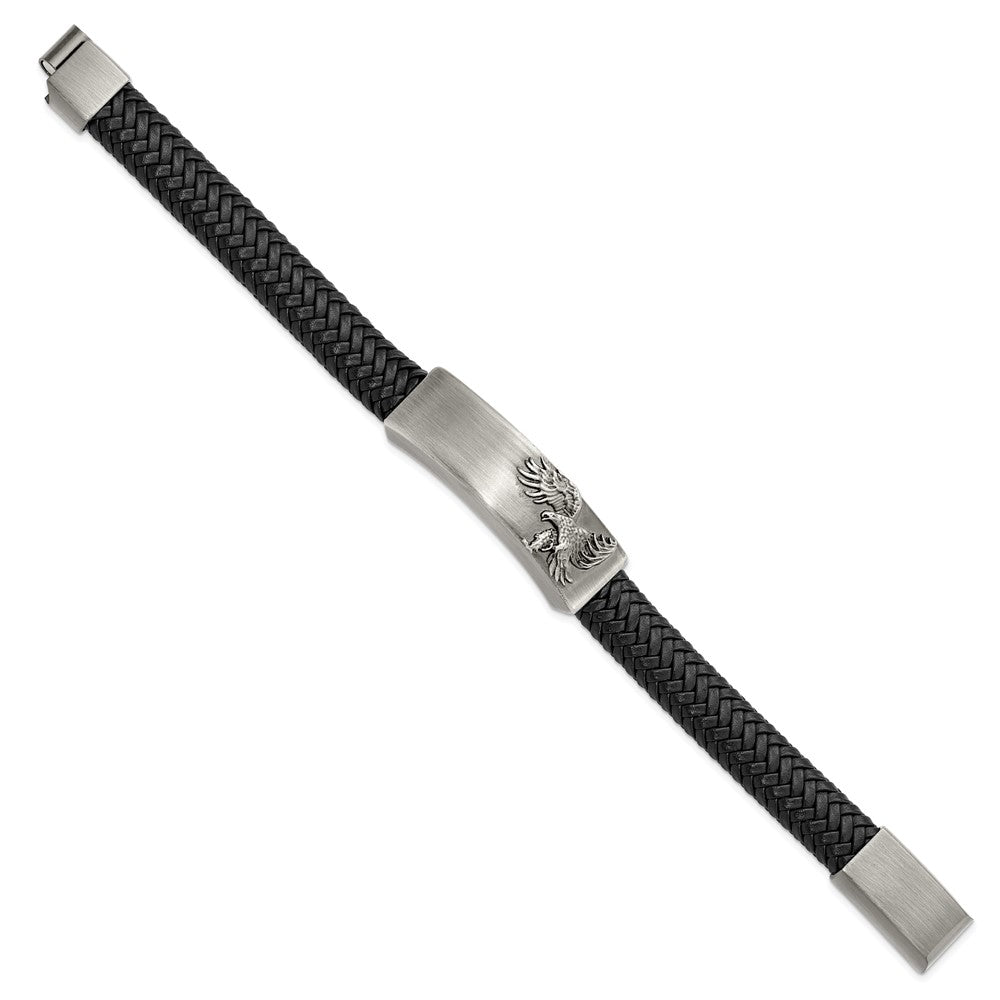 Stainless Steel Brushed Antiqued Leather Eagle 8.5in ID Bracelet 8.5 inches