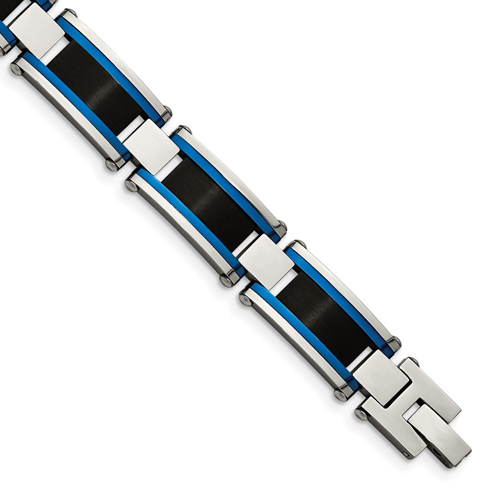 Stainless Steel Brushed and Polished Black & Blue IP-plated 8.75in Bracelet 8.75 inches