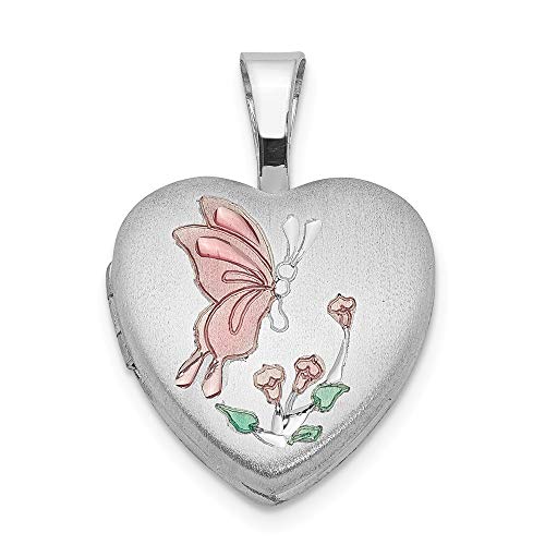Sterling Silver Rhodium-plated Enamel Butterfly Flowers 12mm Heart Locket