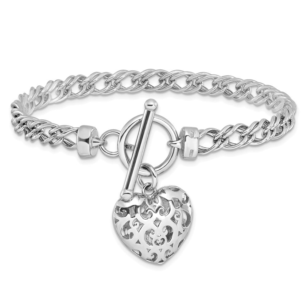 Sterling Silver Rh-plated Polished with Heart Charm Bracelet 7.5  inches