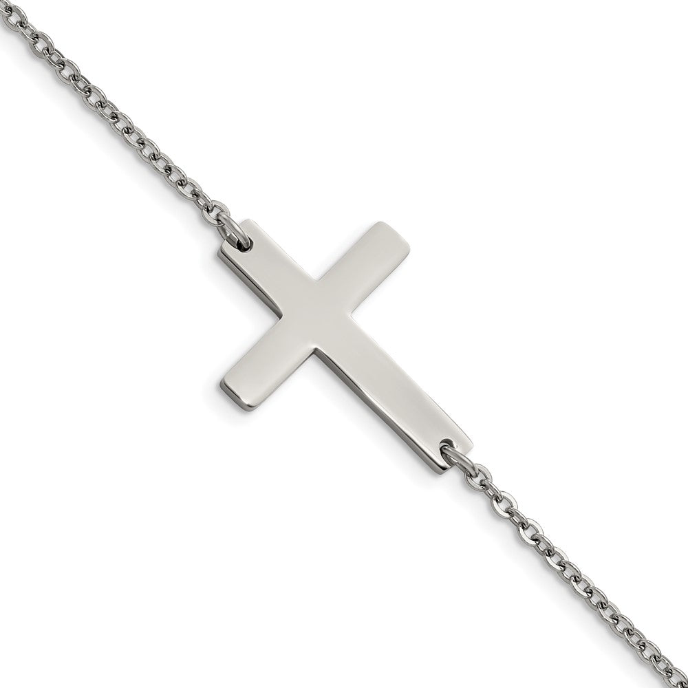 Stainless Steel Polished Sideways Cross 7.25in Bracelet 7.25 inches