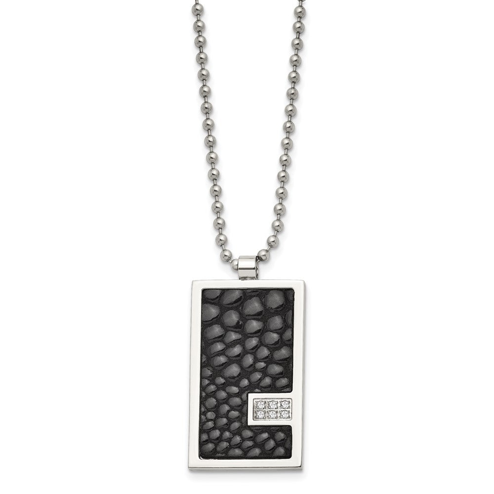 Stainless Steel Polished Stingray Imit. Leather 1/10ct. Dia 24in Necklace