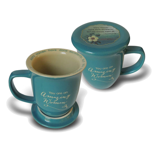 Cathedral Art-DBA Abbey Gift 096822 Mug Grace Outpoured Amazing Woman Interior with Coaster Lid, Teal & Cream