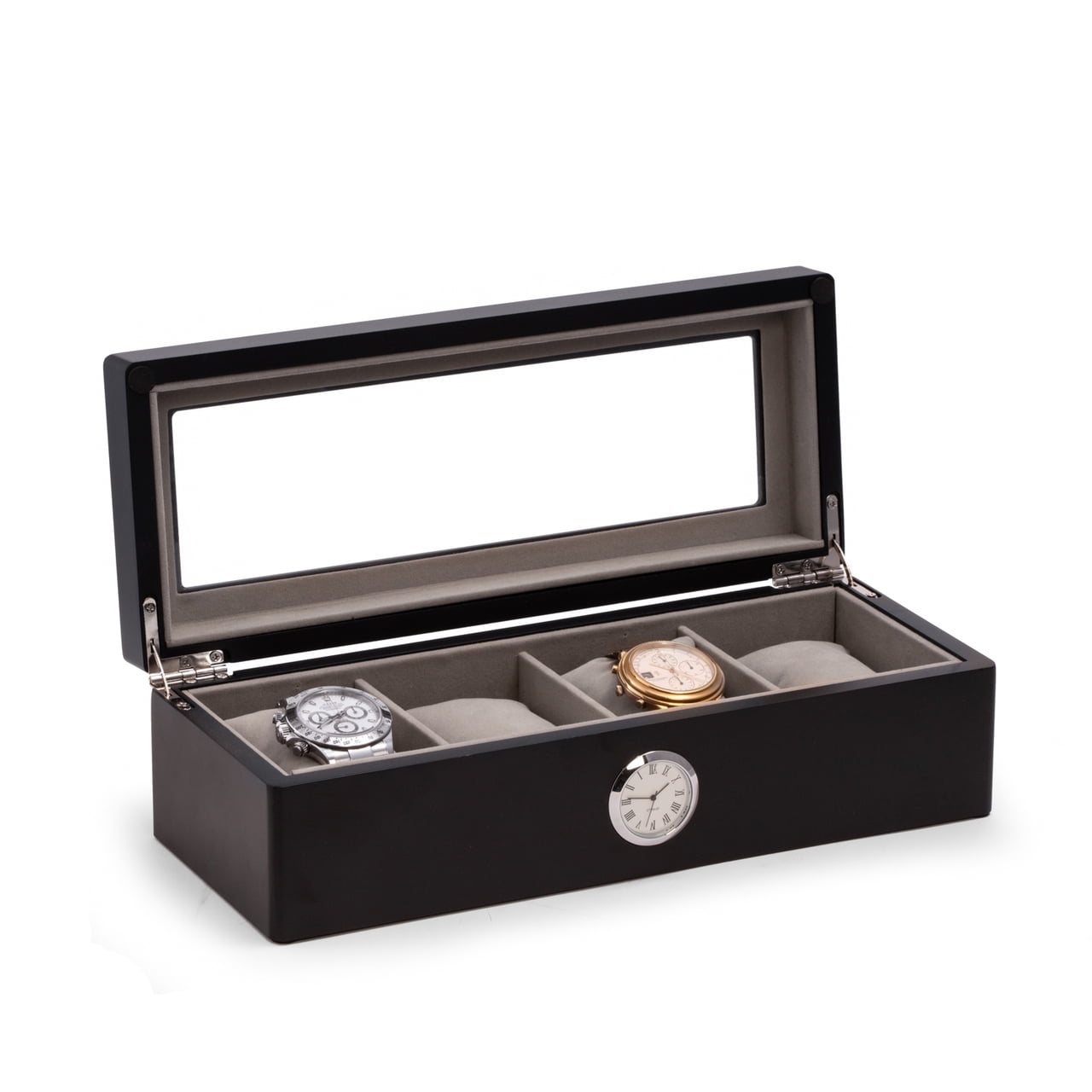 Bey Berk Black Wood Four Watch Box w/ Quartz Movement Clock