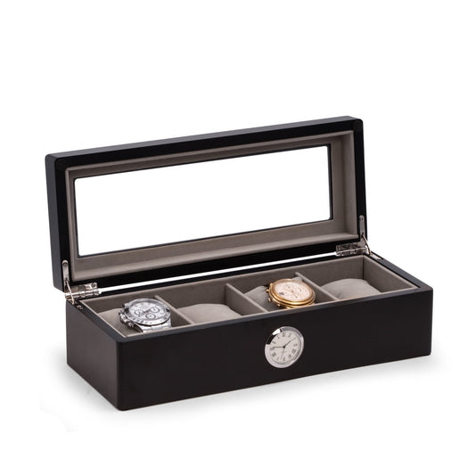 Bey Berk Black Wood Four Watch Box w/ Quartz Movement Clock