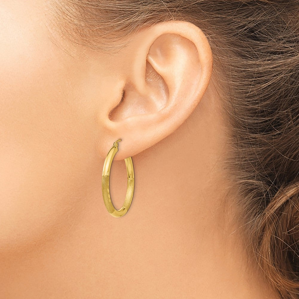 10k Satin & Diamond-cut 3mm Round Hoop Earrings