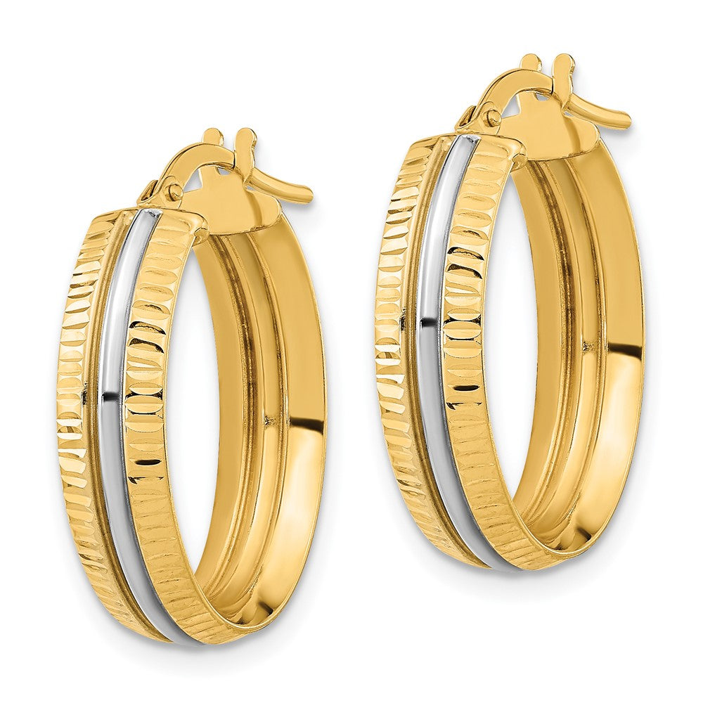 14K with White Rhodium Center Polished Oval Hoop Earrings