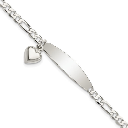 Sterling Silver Polished Figaro ID Heart Dangle Bracelet 7.5 inches