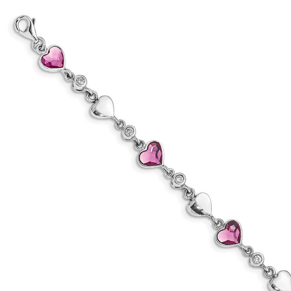 Sterling Silver Rhodium Plated Clear Crystals Pink Heart Crystals and Polished Hearts 6.5 inch Bracelet with 1 inch extension 6.5 inches