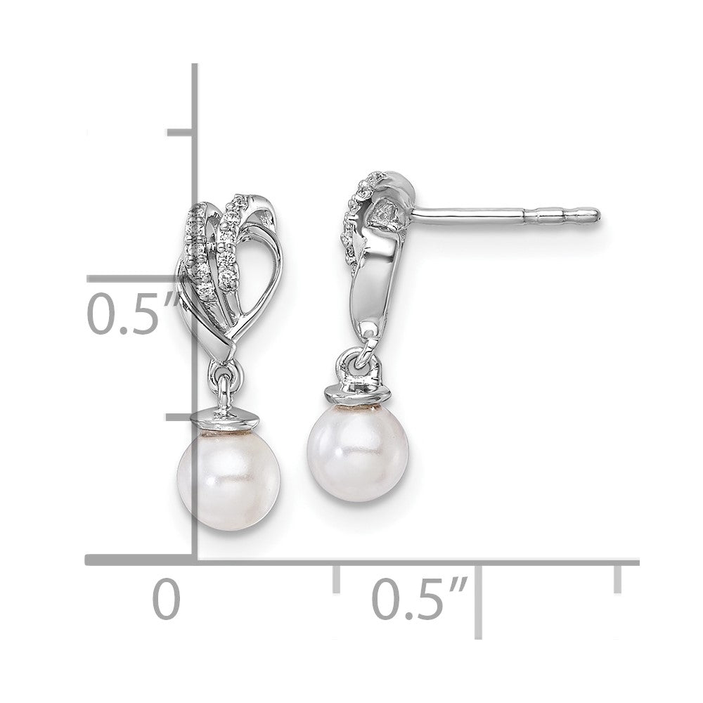 14K White Gold Polished Diamond and Pearl Dangle Post Earrings