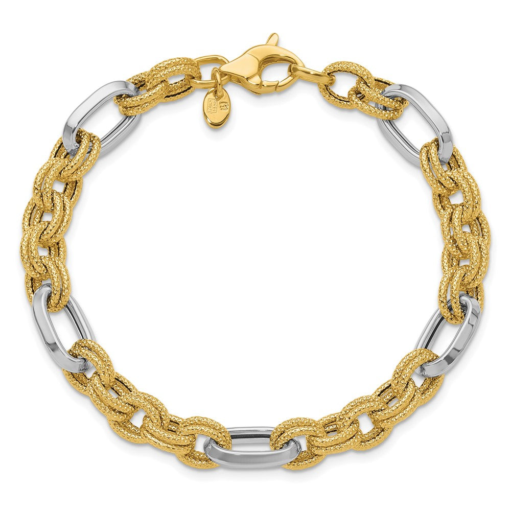 14K Two-tone Polished and Textured Fancy Link Bracelet 7.75  inches