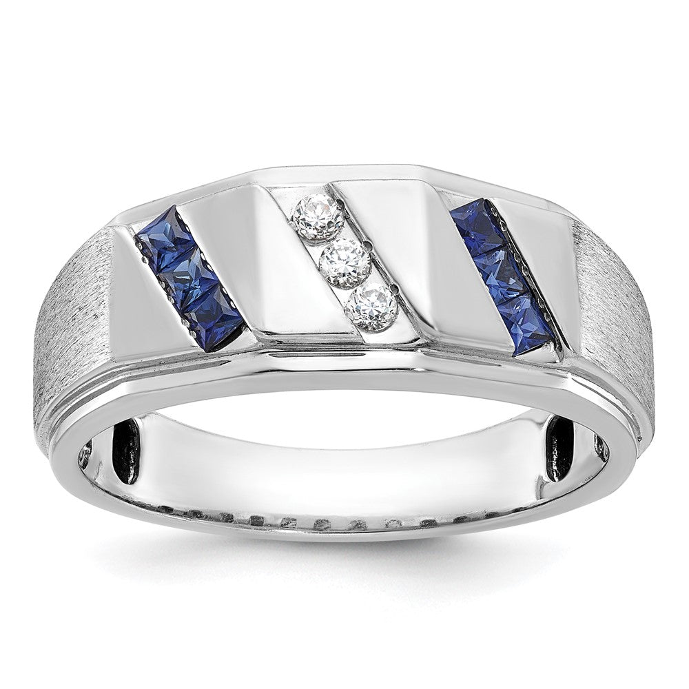 14k White Gold IBGoodman Men's Satin Lab Created Sapphire and 1/10 carat Diamond Complete Ring Size 10