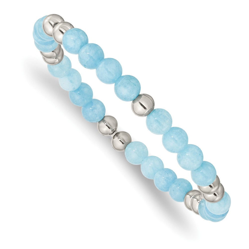 Stainless Steel Polished Blue Quartz Beaded Stretch Bracelet 7.25 inches
