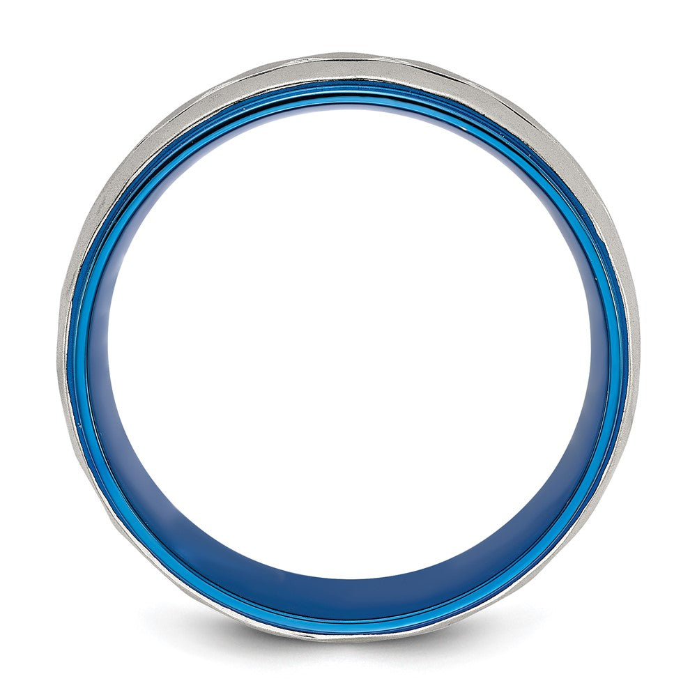 Chisel Stainless Steel Polished and Sand-blasted Faceted Blue IP-plated 8mm Band Size - 8