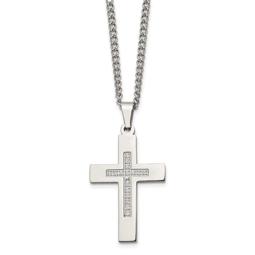 Stainless Steel Polished w/CZ Cross 24in Necklace