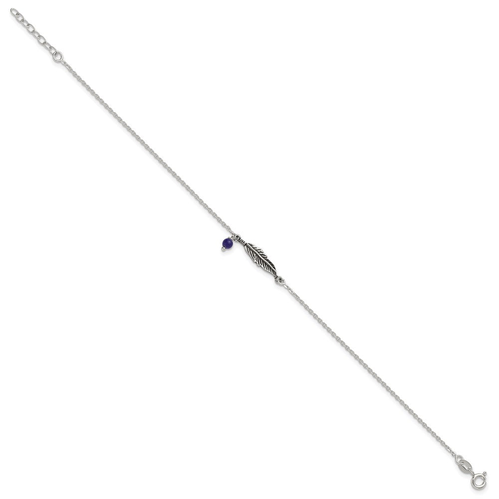 Sterling Silver Polished and Antiqued Feather and Blue Lapis Bead 9 inch with 1 inch Extension Anklet