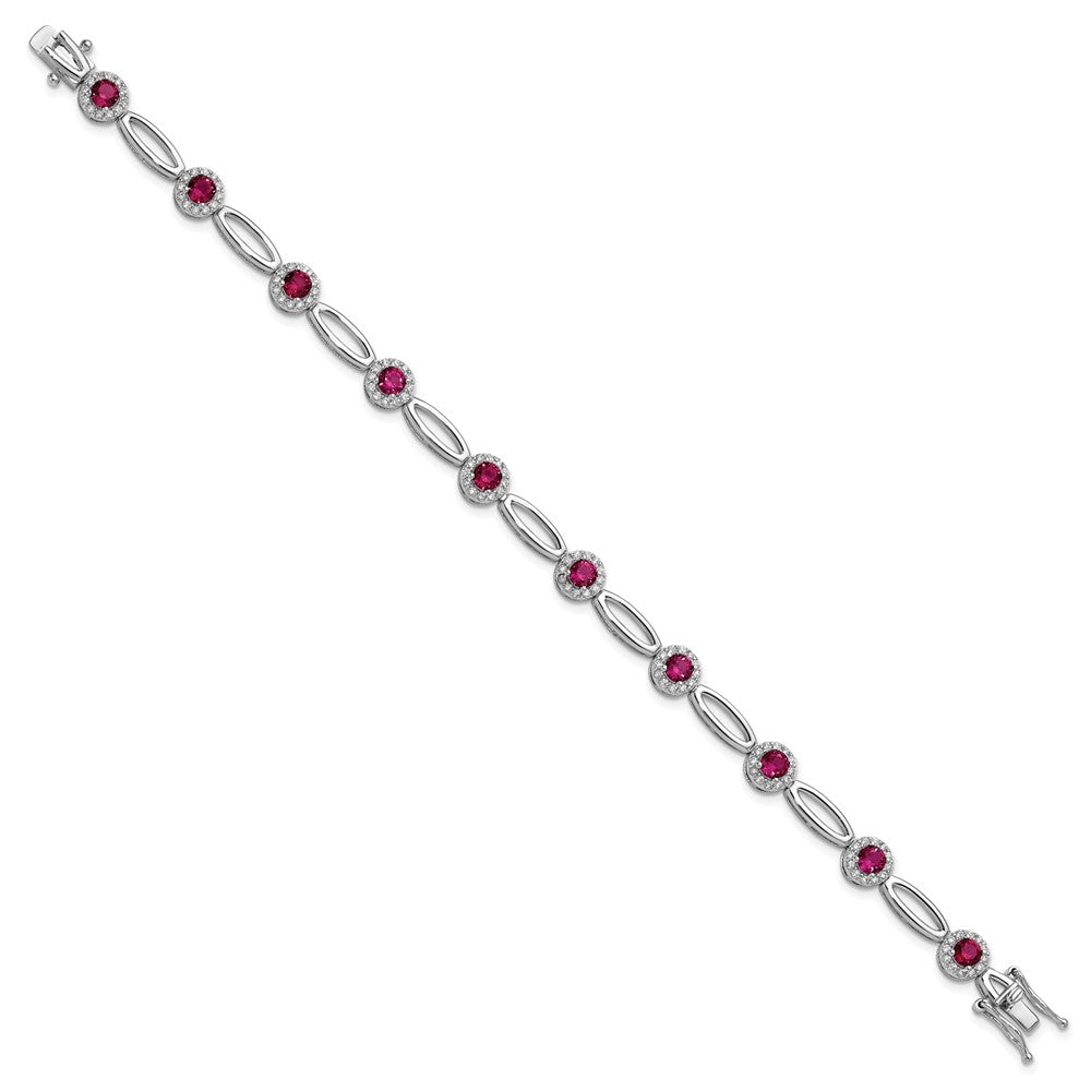Cheryl M Sterling Silver Rhodium-plated Polished Fancy Lab Created Ruby and CZ Halo Bracelet 7.5 inches