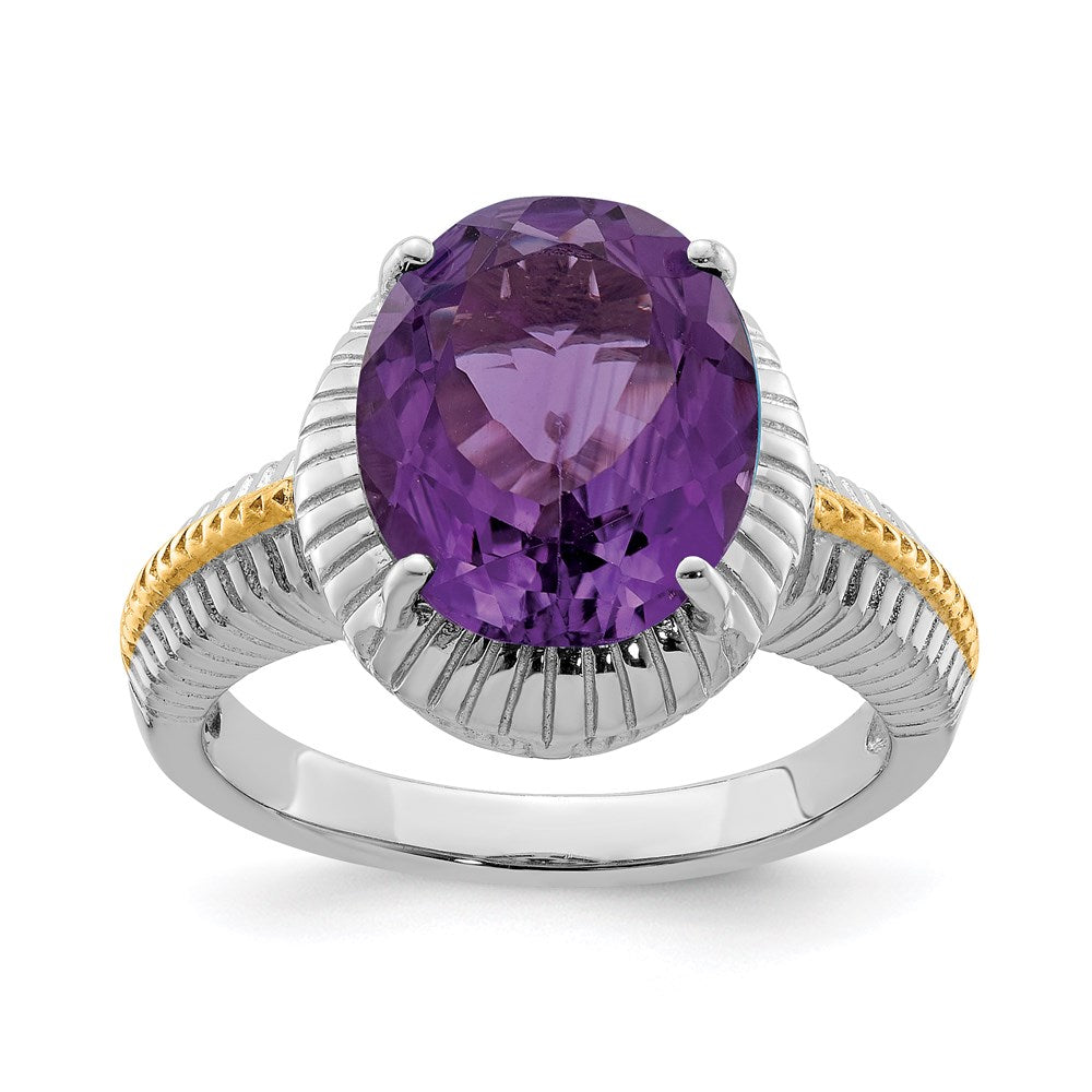 Sterling Silver Rhodium-plated w/ Flash Gold-plate Oval Amethyst Ring