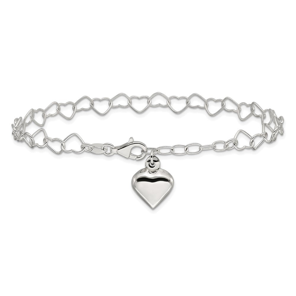 Sterling Silver Polished Puffed Heart 9 in Plus 1in ext. Anklet 9 inches
