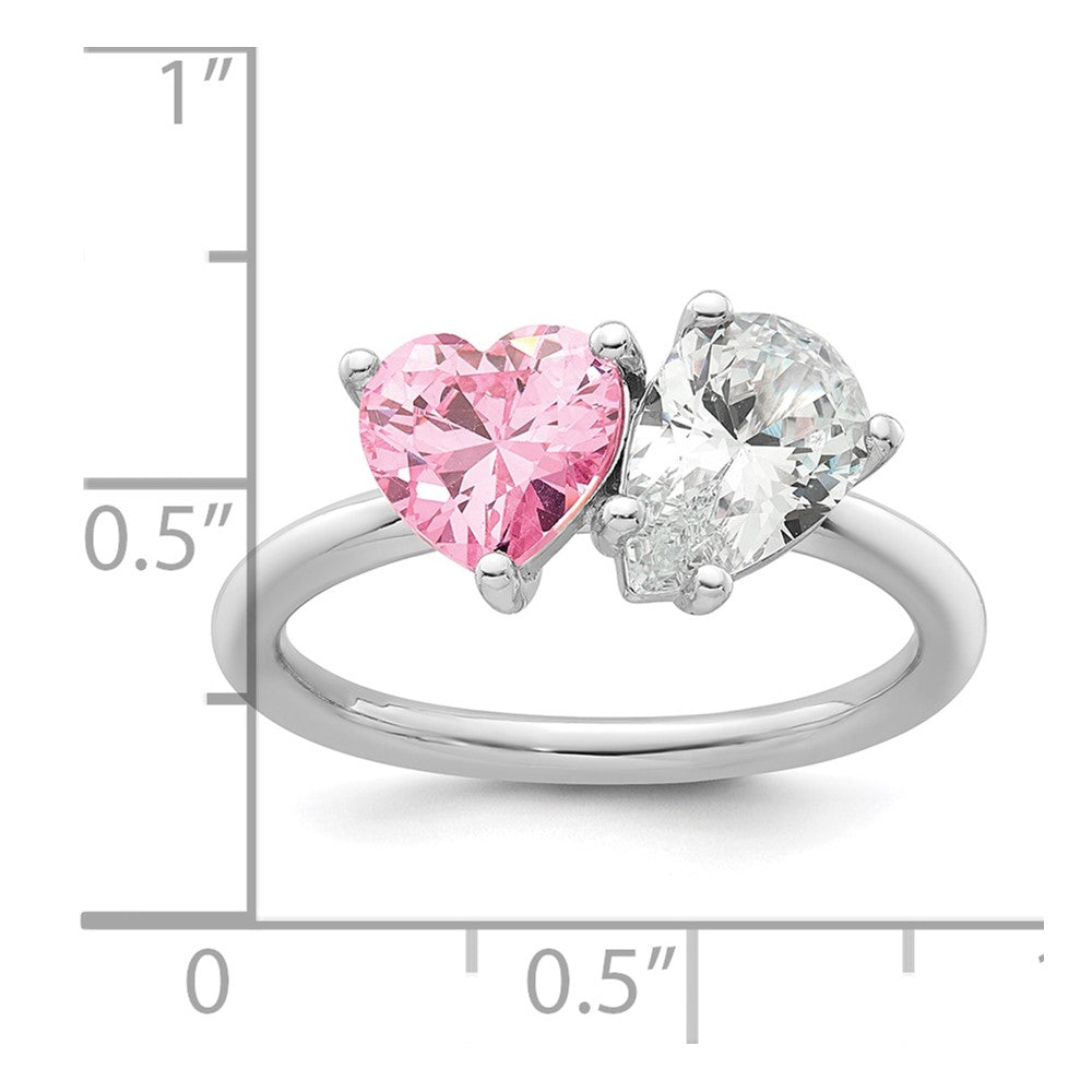 Sterling Silver Rhodium-plated Polished Heart Pink and Pear-shaped White CZ Size 8 Ring