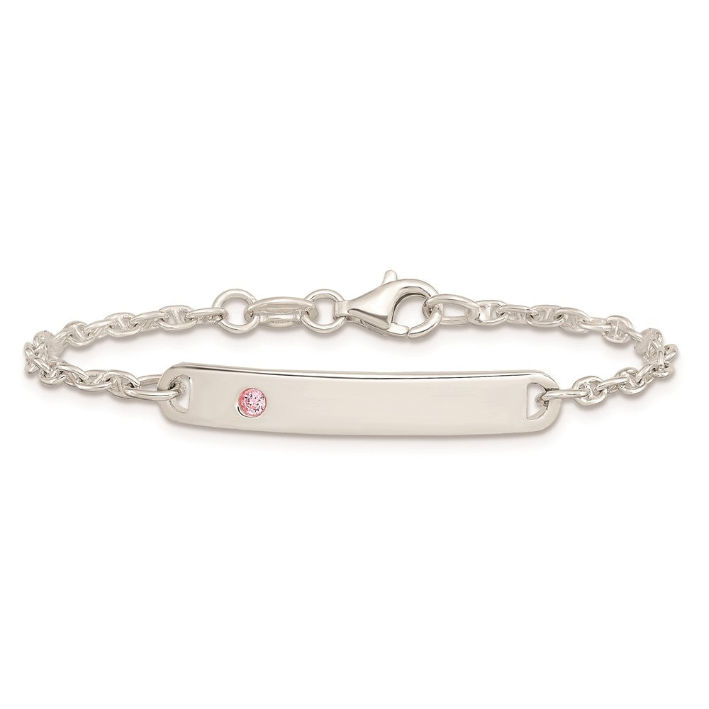 Sterling Silver Polished Childrens ID with Pink CZ Bracelet 5.5 inches
