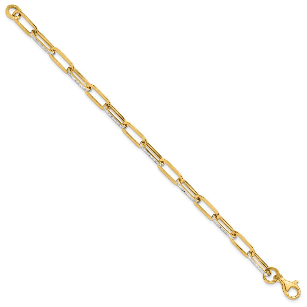 14K w/White Rhodium Polished / Diamond-cut Link Bracelet 7.5  inches