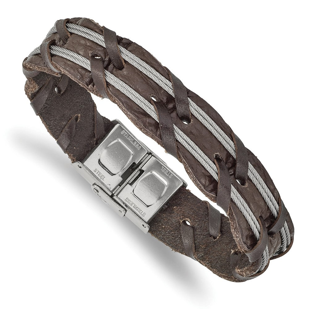 Stainless Steel Polished Cable and Brown Leather 8.5in Bracelet 8.5 inches