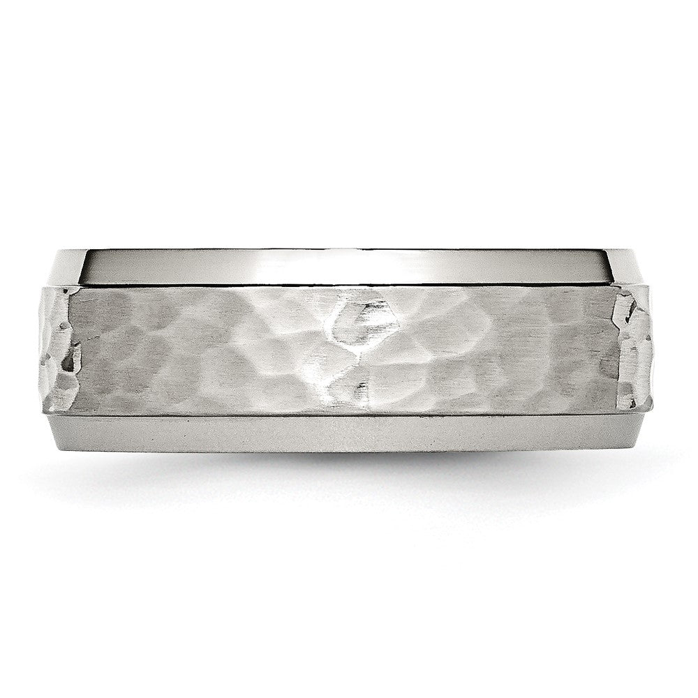 Stainless Steel Brushed Polished and Hammered 8mm Beveled Edge Band Size - 14