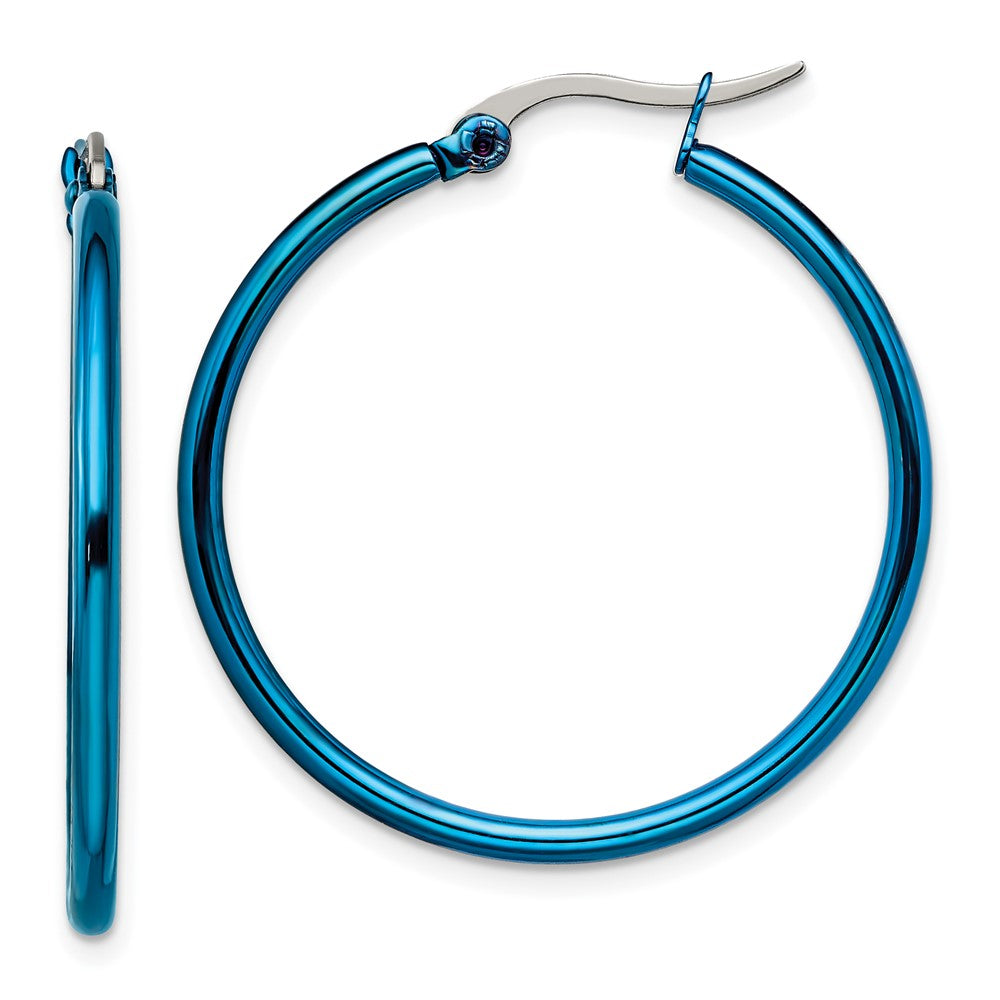 Stainless Steel Polished Blue IP-plated 32mm Diameter Hoop Earrings