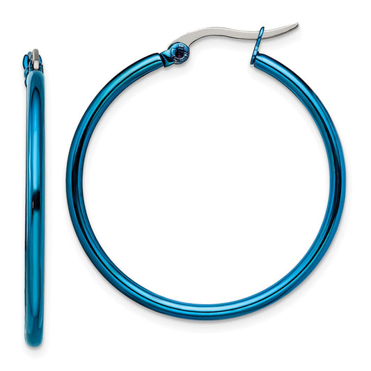 Stainless Steel Polished Blue IP-plated 32mm Diameter Hoop Earrings