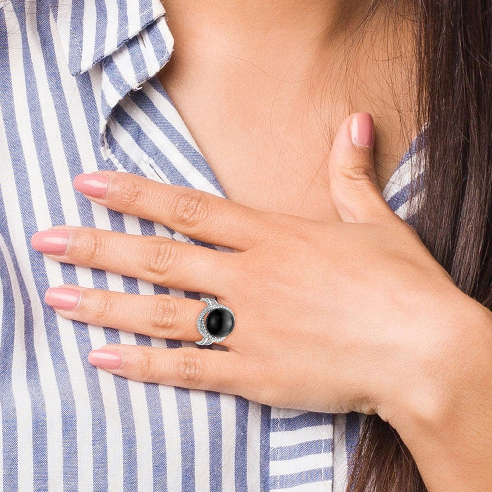 Majestik Sterling Silver Rhodium-plated Size 8 12-13mm Black Imitation Shell Pearl and CZ Ring