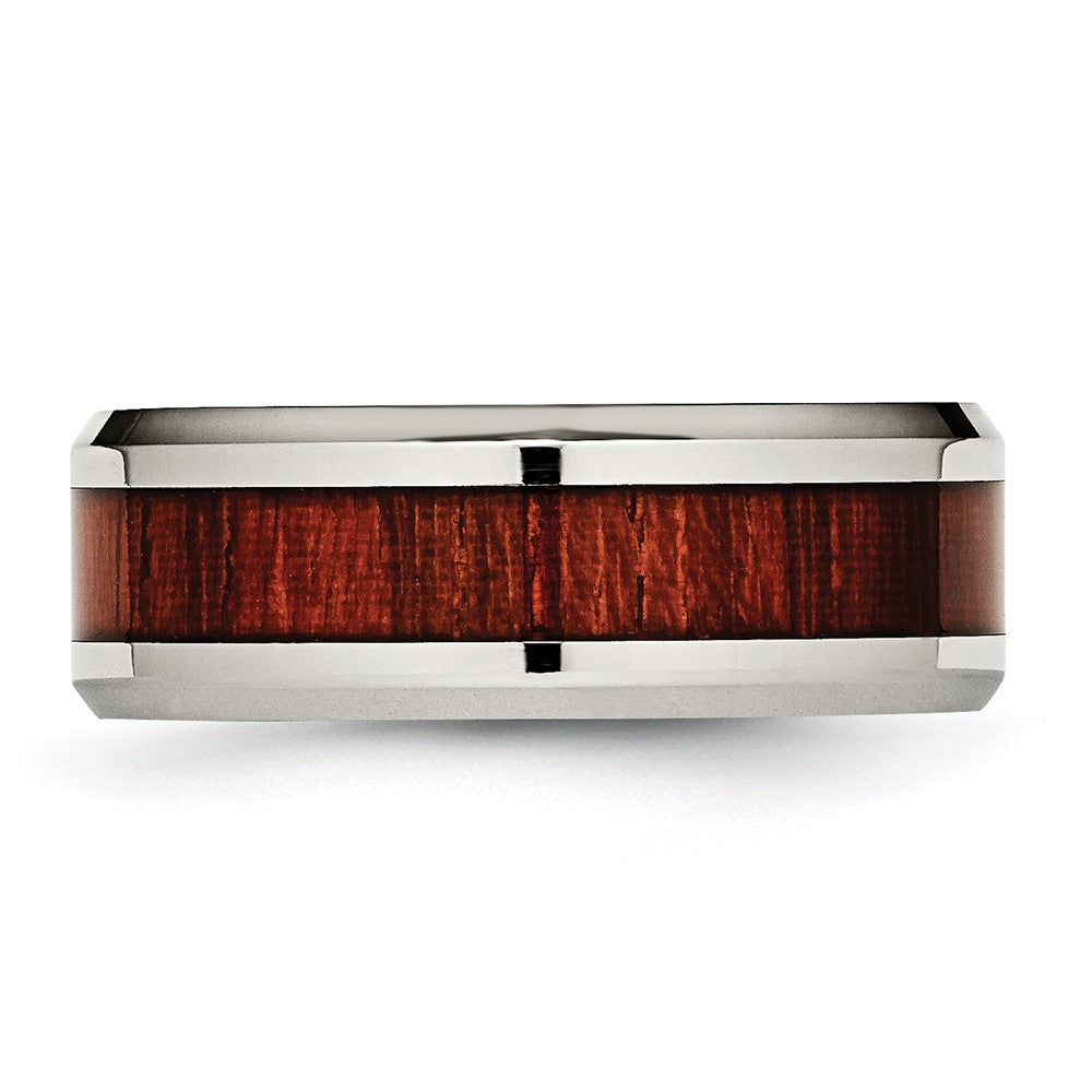 Stainless Steel Polished Red Koa Wood Inlay Enameled 8mm Band Size - 12