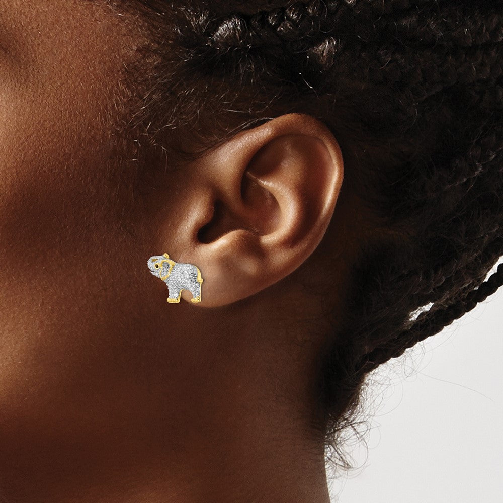 Sterling Silver Rhodium-plated Gold Tone CZ Elephant Post Earrings