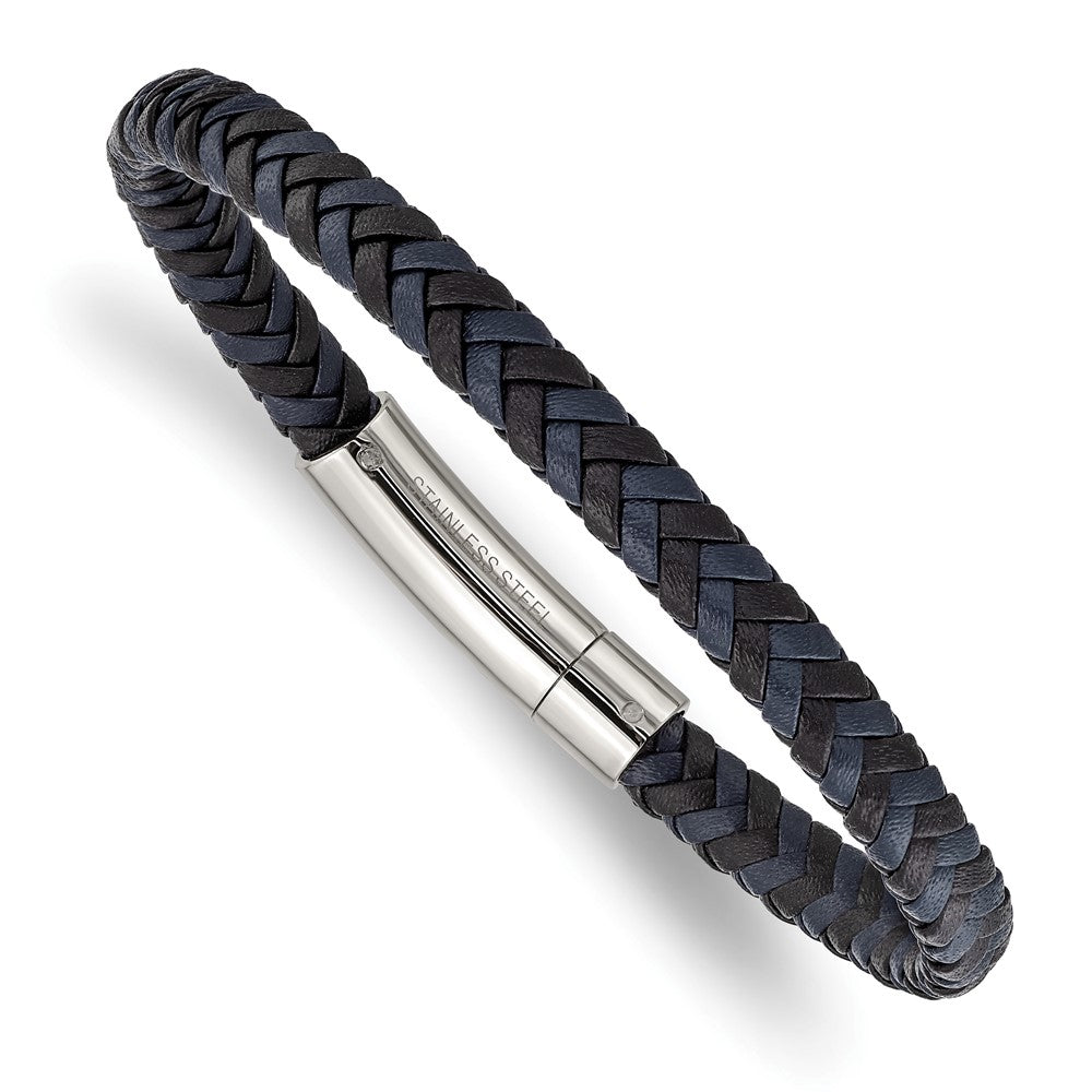 Stainless Steel Polished Black and Blue Braided Leather 8.25in Bracelet 8.25 inches