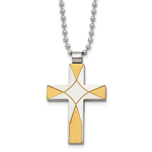 Stainless Steel Brushed and Polished Yellow IP-plated Cross Necklace