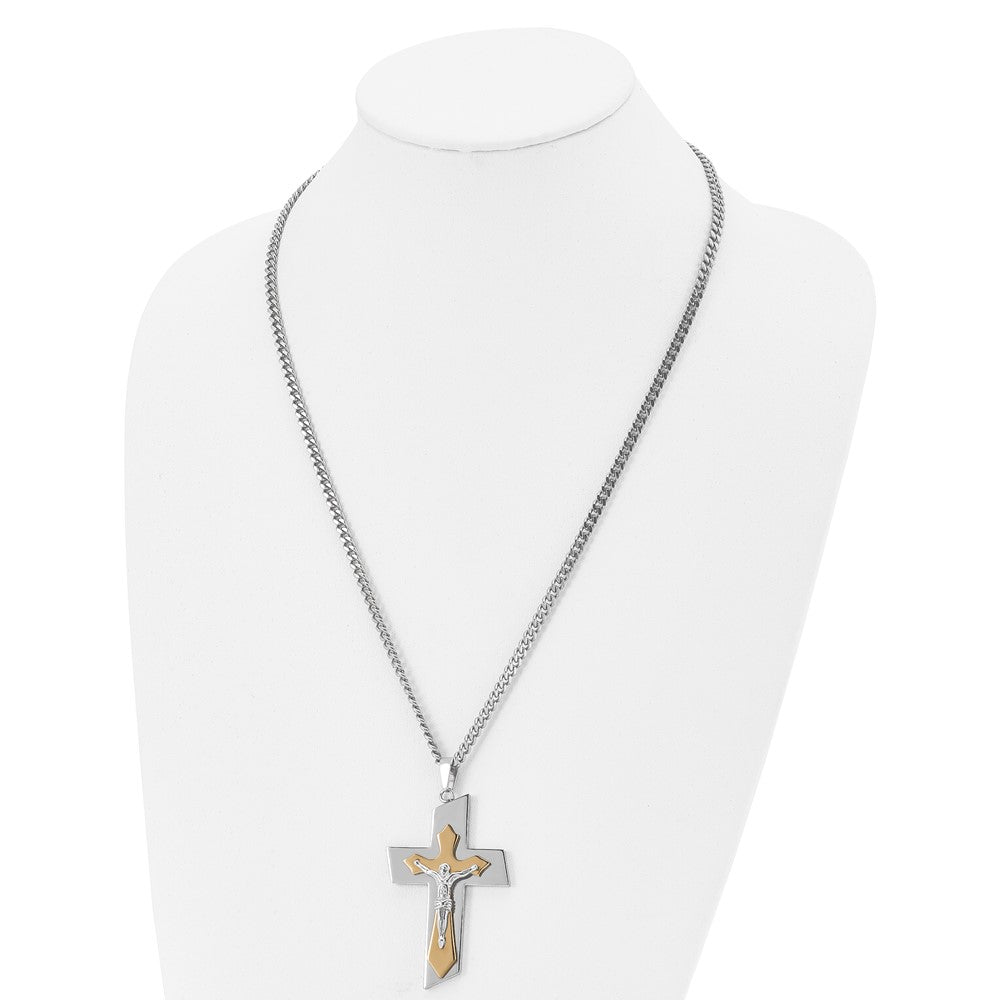 Stainless Steel Brushed & Polished Yellow IP Crucifix 24in Necklace