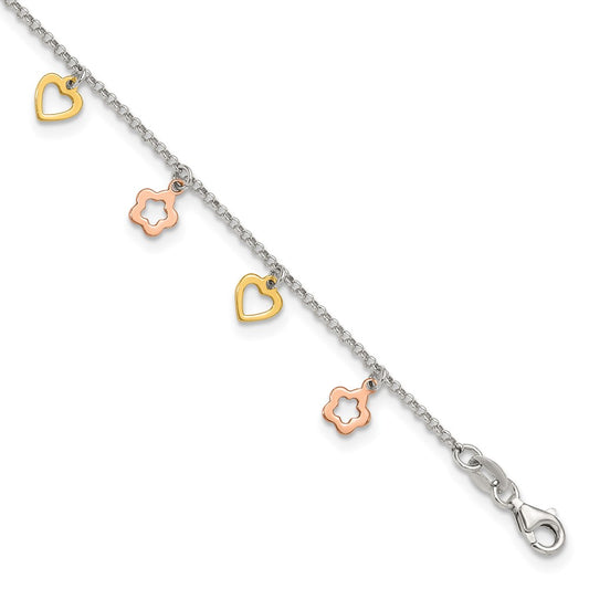 Sterling Silver Gold and Rose-tone Heart Flower 9in Plus 1in ext. Anklet 9 inches