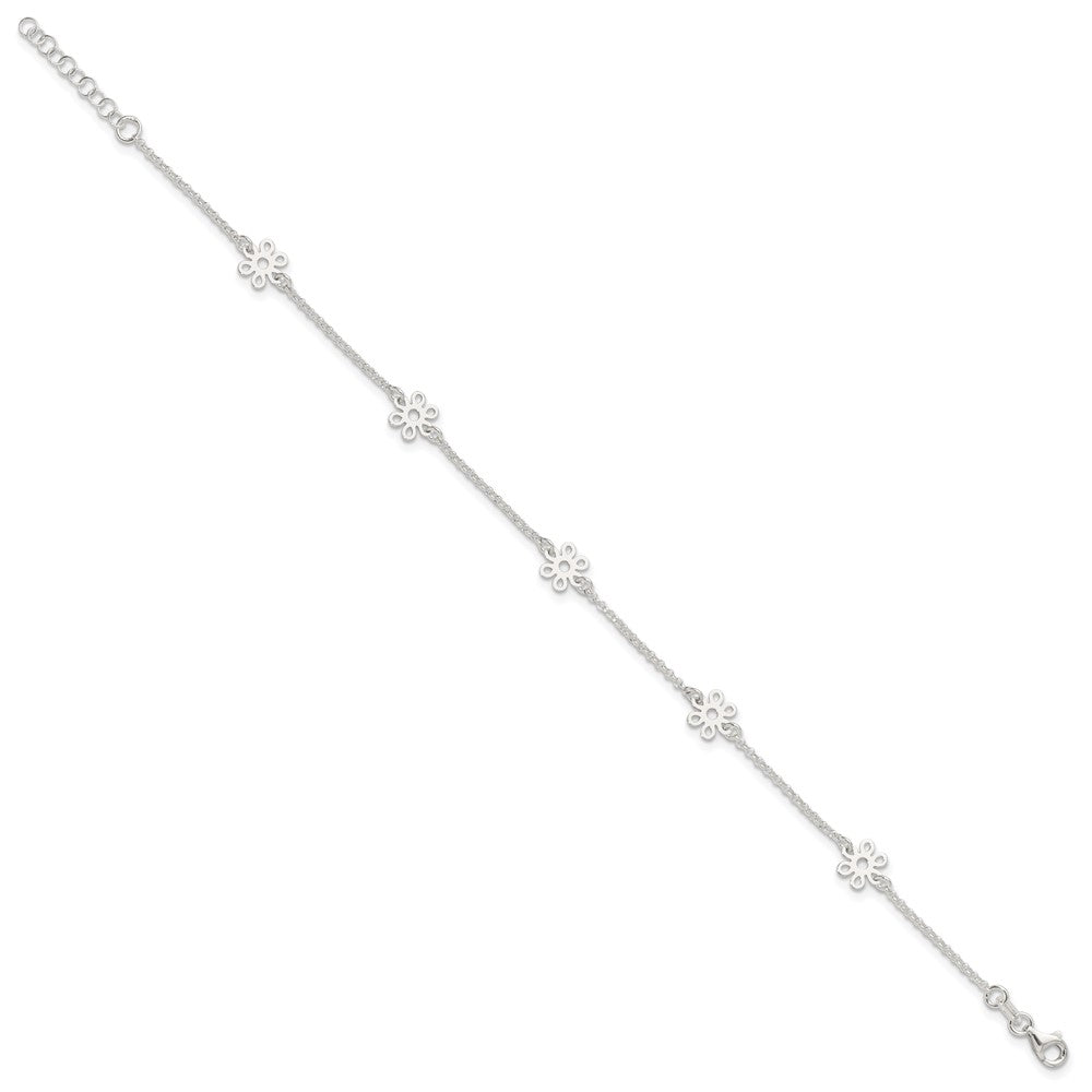Sterling Silver Polished Flower 9in Plus 1in Ext. Anklet 9 inches