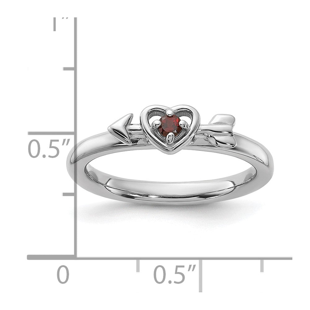 Sterling Silver Stackable Expressions Rhodium-plated Garnet Heart with Arrow Ring Size -6