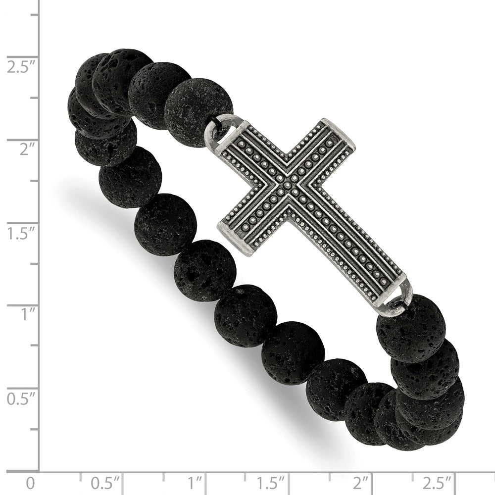 Stainless Steel Antiqued GunMetal IP w/Lava Stone Cross Stretch Bracelet 7.25 inches